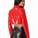 Eandarui Red Solid Leather Moto Biker Cropped Jacket Back