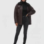 Faux Leather Borg Shearling Midi Brown Aviator Jacket