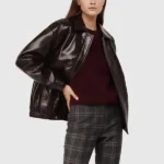 Glossy Dark Brown Leather Bomber Jacket