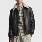 Jimmy Shearling Collar Leather Aviator Bomber Jacket