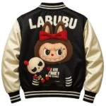 LABUBU Black Satin Bomber Varsity Jacket