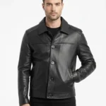 Men Button Style Black Leather Jacket