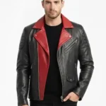 Men's Black & Red Contrast Asymmetrical Biker Leather Jacket