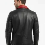 Mens Motorcycle Black Leather Jacket - Red Contrast Collar