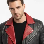 Mens Red Contrast Collar Motorcycle Leather Jacket