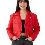 NastyGal Essentials Cropped Red Biker Faux Leather Red