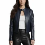 Strip Style Moto Navy Leather Jacket