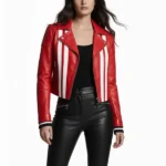 Strip Style Moto Red Genuine Leather Jacket