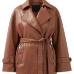 Womens Brown Leather Belted Jacket