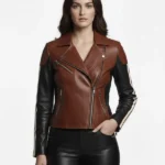 Womens Brown and Black Racer Leather Jacket