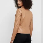 Women's Camel Tan Braided Sleeve Leather Biker Jacket