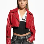 Womens Essential Cropped Moto Red Leather Jacket