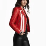 Womens Moto Red Leather Jacket - Strip Style