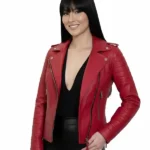 Womens Quilted Red Leather Motorcycle Jacket