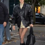 Bella Hadid Black Bomber Leather Jacket