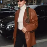 Bella Hadid Brown Oversized Leather Coat