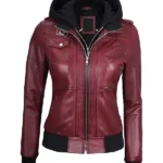Women's Maroon Hooded Bomber Leather Jacket