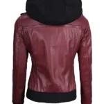 Women's Maroon Hooded Bomber Leather Jacket Back