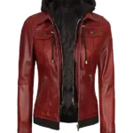Women's Maroon Leather Jacket With Removable Hood