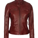 Women's Maroon Quilted Cafe Racer Leather Jacket