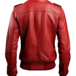 Women's Red Leather Bomber Jacket with Strap Pockets Back