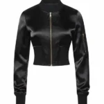 Womens Satin Cropped Black Bomber Jacket