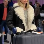 Elsa Hosk Black Shearling Leather Black Coat