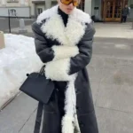 Elsa Hosk Black Shearling Leather Black Long Coat