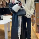 Elsa Hosk Black Shearling Leather Coat