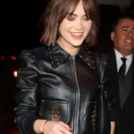 LA 2026 Emilia Jones Black Leather Bomber Jacket