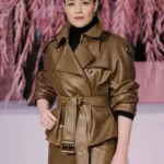 PFW 2026 Claire Foy Leather Brown Jacket