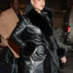 NYC Rihanna Fur Trim Black Leather Coat