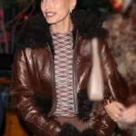 Hailey Bieber Fur Brown Leather Jacket