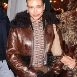 Hailey Bieber Fur Leather Brown Jacket