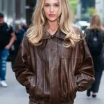 Michelle Randolph NYC 2026 Brown Oversized Bomber Leather Jacket