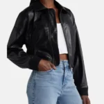 Black Leather Cropped Bomber Jacket