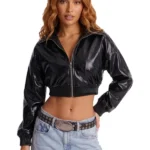 Call On Me Faux Leather Cropped Bomber Jacket