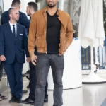 Cannes Film Festival Nathan Mitchell Suede Brown Bomber Jacket