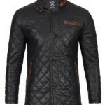 Glen Mens Black Real Leather Car Coat Quilted Pattern