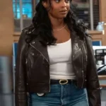 High Potential S02 Javicia Leslie Brown Leather Biker Jacket