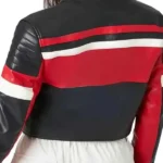 Ladies Cropped Red Black and White Leather Jacket Back