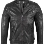 Mens Padded Black Leather Cafe Racer Jacket