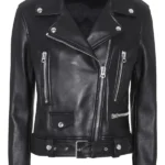 Slim Fit Women Belted Black Motorcycle Jacket
