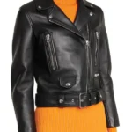 Women Slim Fit Belted Black Motorcycle Jacket