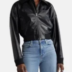 Womens Black Leather Cropped Bomber Jacket