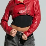 Womens Essential Red Cropped Leather Moto Jacket