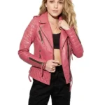 Womens Pink Quilted Moto Leather Jacket