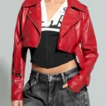 Womens Red Essential Cropped Leather Moto Jacket