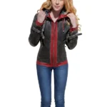 Womens Red Leather Hooded Jacket