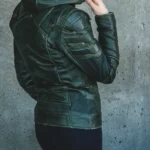 Womens Side Pic Green Armor Leather Jacket